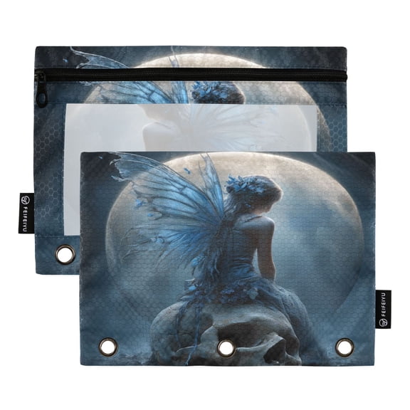 2 Pack 3 Ring Binder Pouch with Clear PVC Window Water Resistant Zipper Pencil Pouch Blue-butterfly Fairy Binder Pocket for Classroom Office Home Stationery Organization