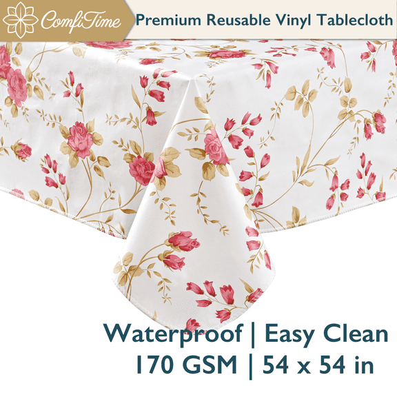 ComfiTime Vinyl Tablecloth - 54 x 54 Wipeable Plastic Table Cover, Flannel-Backed, Waterproof, Easy-Clean, Vintage Rose