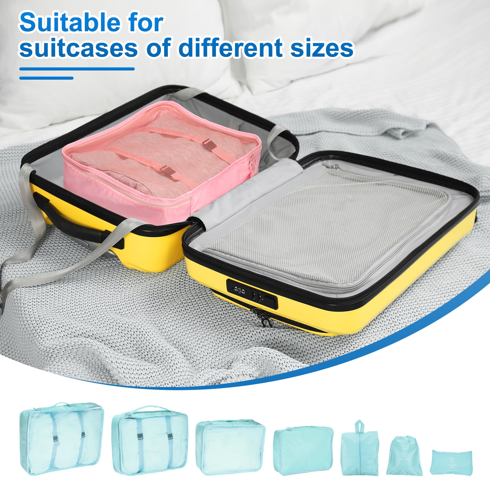 Uxcell 7Set Travel Packing Cube, Travel Bags Organizer Luggage Organizer Bags Lightweight Compression Cube Travel Essentials, Sky Blue