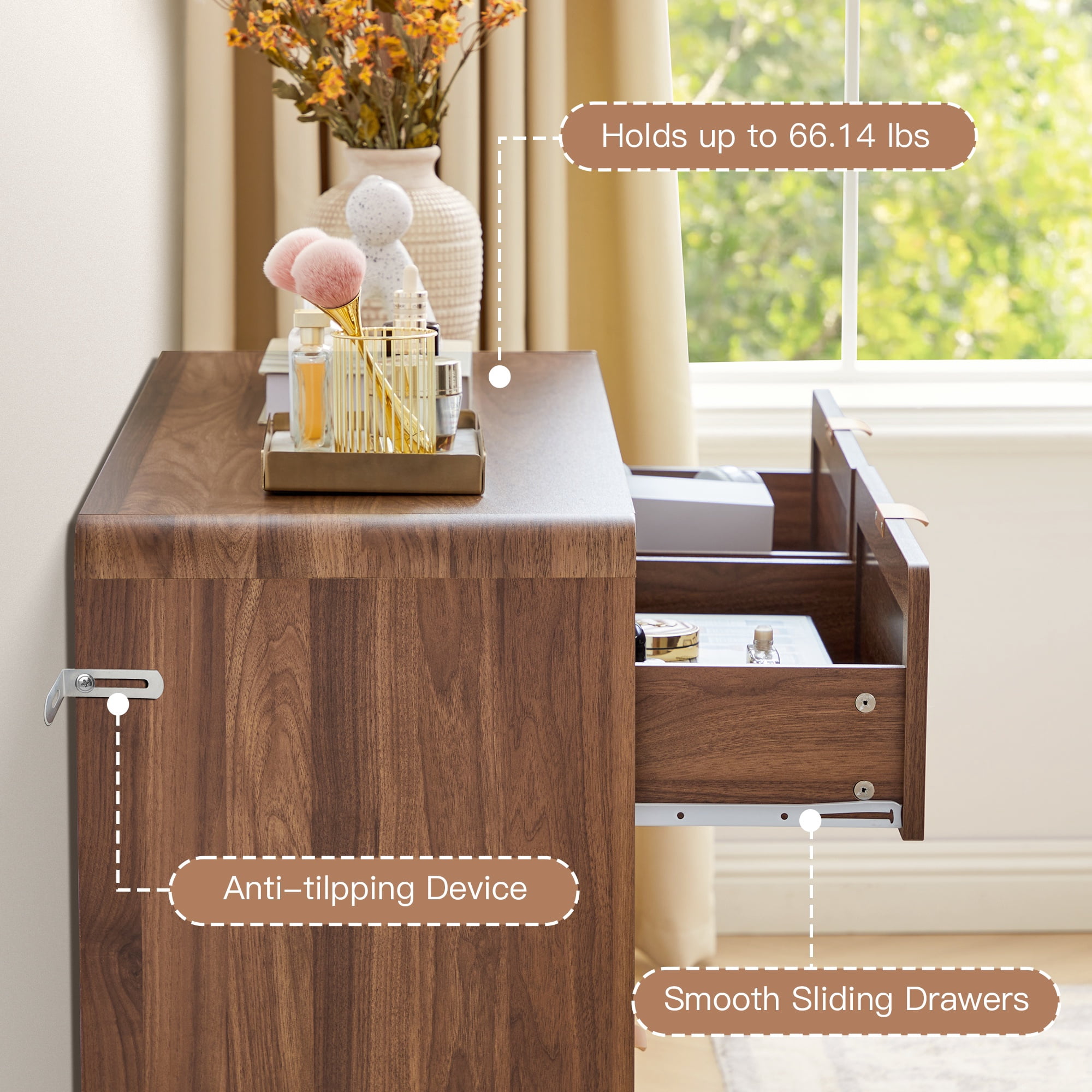 Wirrytor 6 Drawer Rattan Bedroom Dresser, Boho Double Chest of Drawers with Curved Edge, Wood Closet Storage Organizer, Walnut