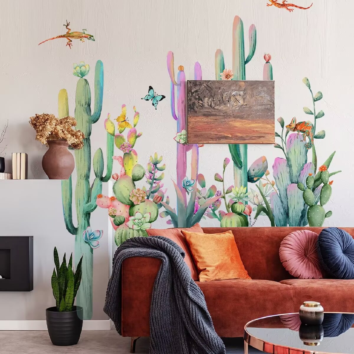 Large Boho Cactus Wall Decals Peel and Stick, Self Adhesive Giant Prickly Pear Saguaro Wall Art Stickers, Home Decor Golden Barrel Cactus Murals Stickers for Bedroom Living Room