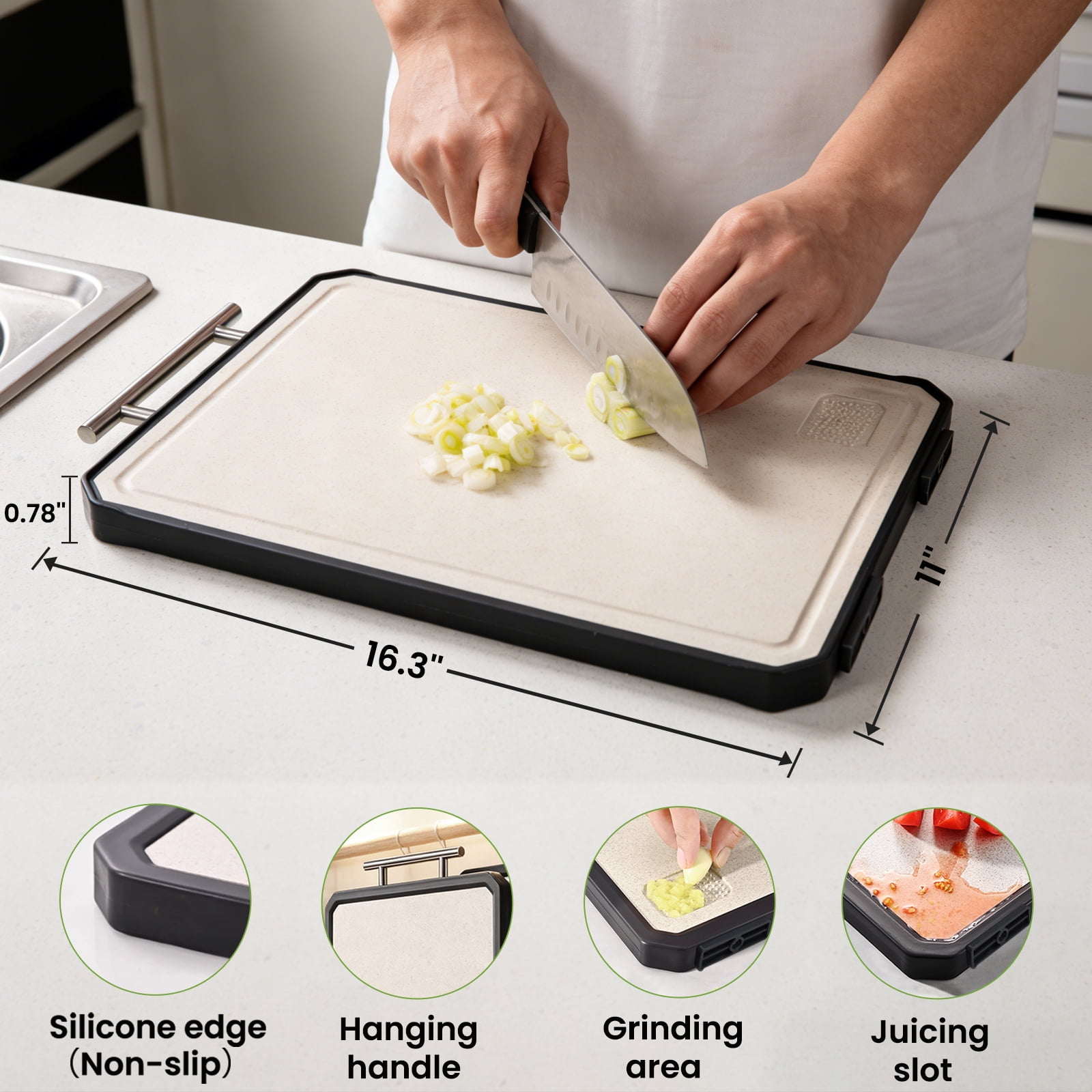 Titanium Cutting Board with Juice Groove – Double-Sided with Titanium & Wheat Straw Surface, BPA-Free, Non-Slip, Dishwasher Safe, Heavy-Duty Kitchen Board