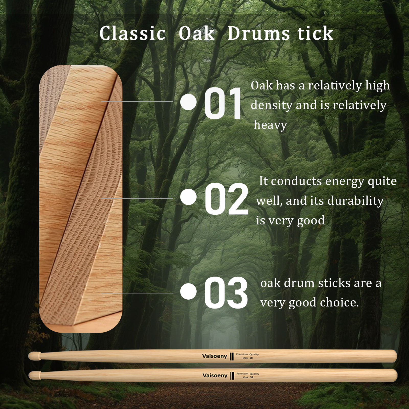 Vaisoeny Drum Sticks, 5B Drumsticks, Classic Oak Wood Drumsticks for Drums, Professional Musical Instrument Percussion Accessories&nbsp;(12 Pair)