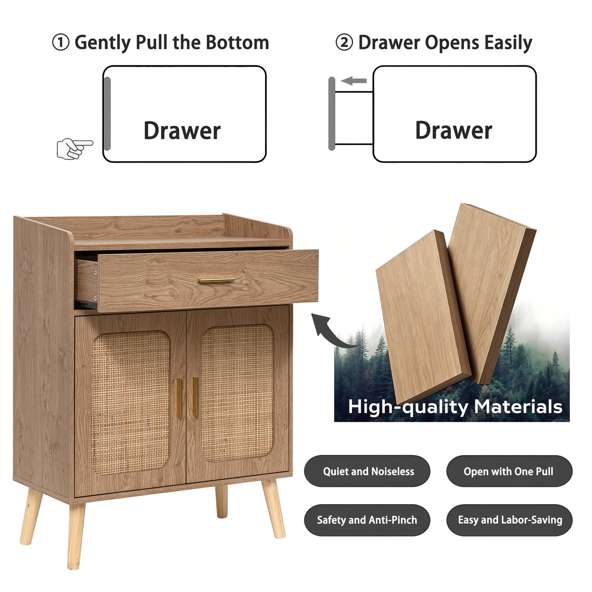 Kitchen Storage Cabinet, Farmhouse Buffet Cabinet, Storage with 1 Drawers and 2 Doors, Cabinet with Solid Wood Feet, Floor Sideboard Buffet for Living Room, Dining Room, Bathroom (Natural Color)