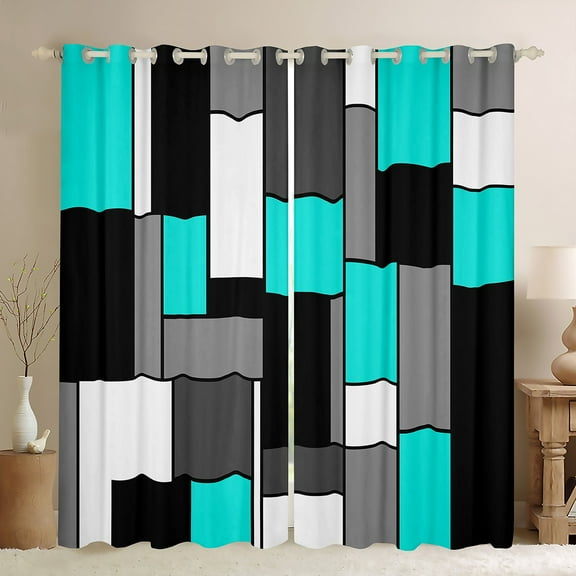 Feelyou Cyan Square Geometric Black Out Curtains, Vintage Artwork Abstract Curtains Pack of 2 (42x63 Each), Chic Rectangle Bedroom Curtains, Black Out Curtains Decor