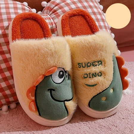 

Boys And Girls Casual Slippers Fleece Thermal Cartoon Dinosaur Print Slip-on Slippers For Winter Home