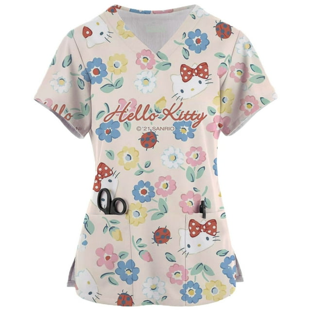 Beach Style Hello Kitty Scrubs Medical Uniforms Woman Hello Kitty Cartoon Printed Nurse Tops Pet Groom Short Sleeve Carer Clothe