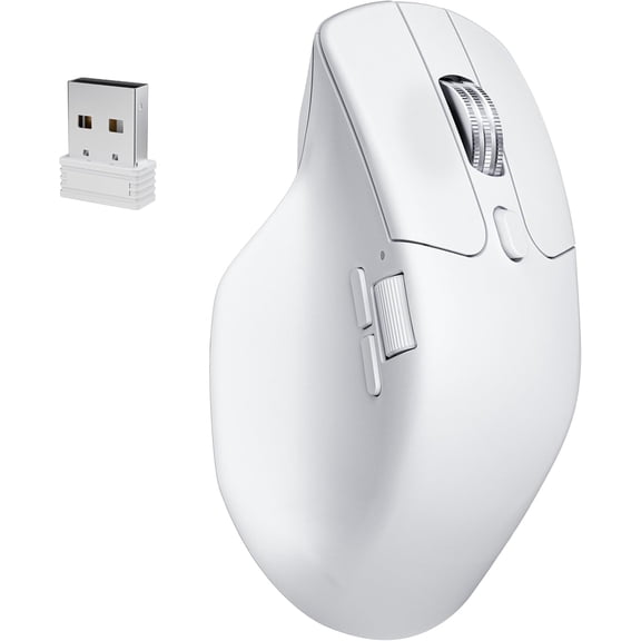 Ergonomic Right Hand Wireless Mouse, 2.4G USB Receiver, Side Scroll Wheel, Programmable Buttons, Adjustable DPI, Rechargeable Mice for Laptop, PC, Desktop, Office Work and Casual Gaming, White