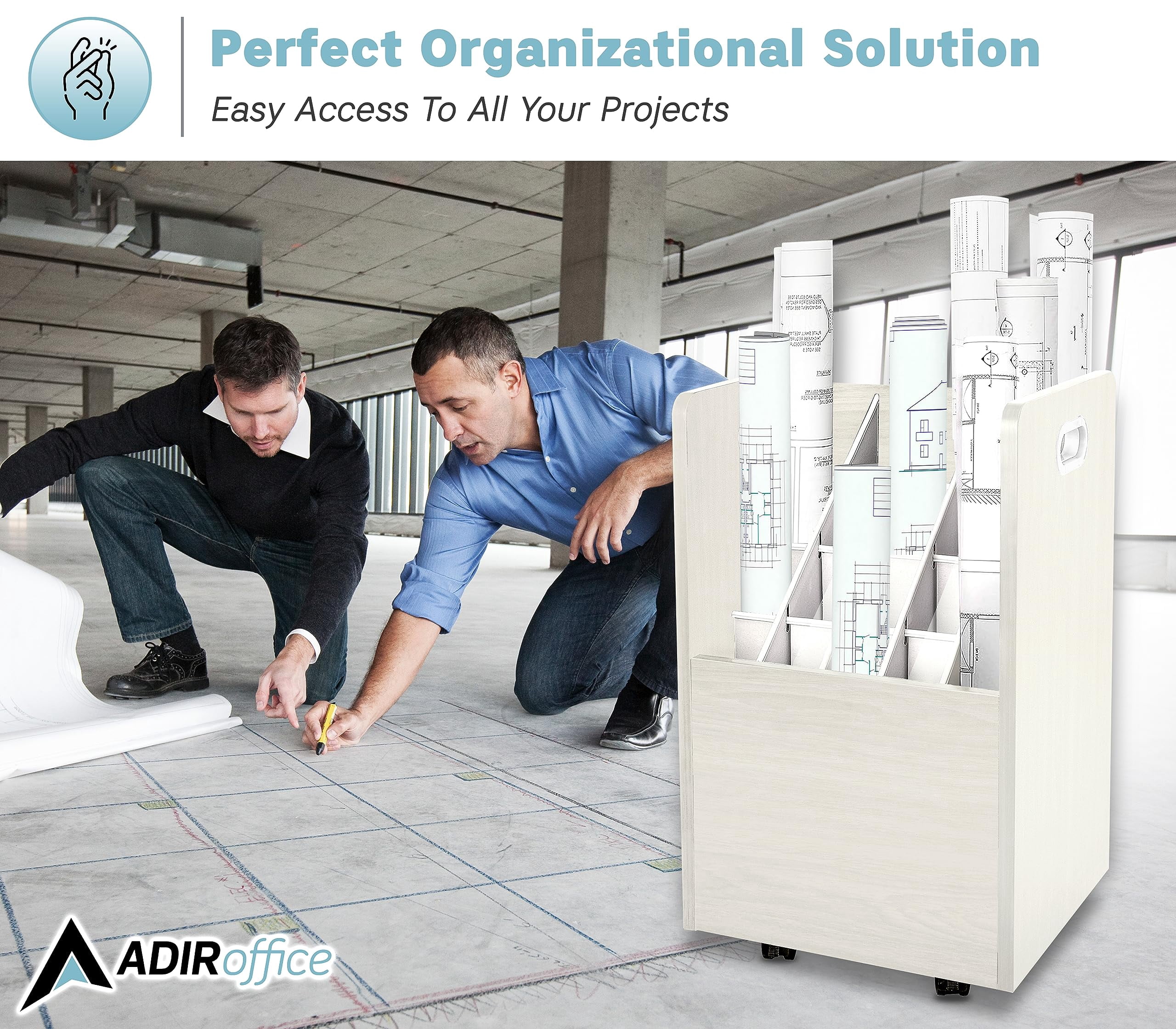 Adir Blue Print Storage Organizer- Mobile Roll File Cart, Construction Plan Holders, Blueprint Cabinet with Wheels (20 Slots, White)