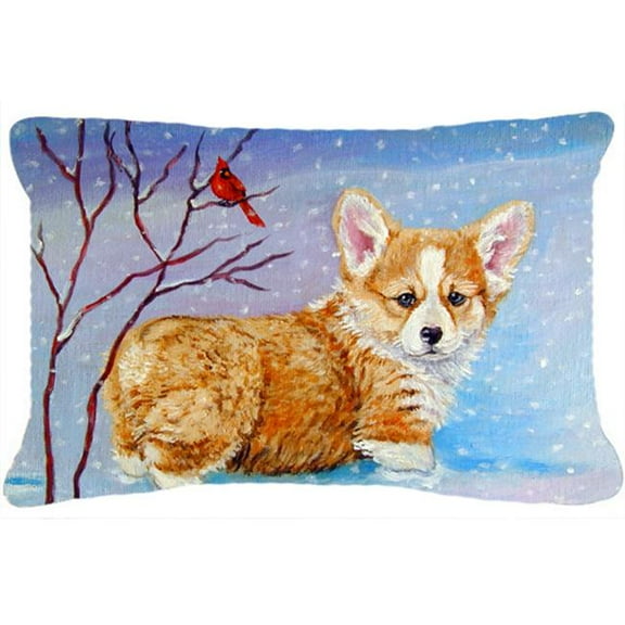 Corgi Pup Snow Cardinal Fabric Decorative Pillow