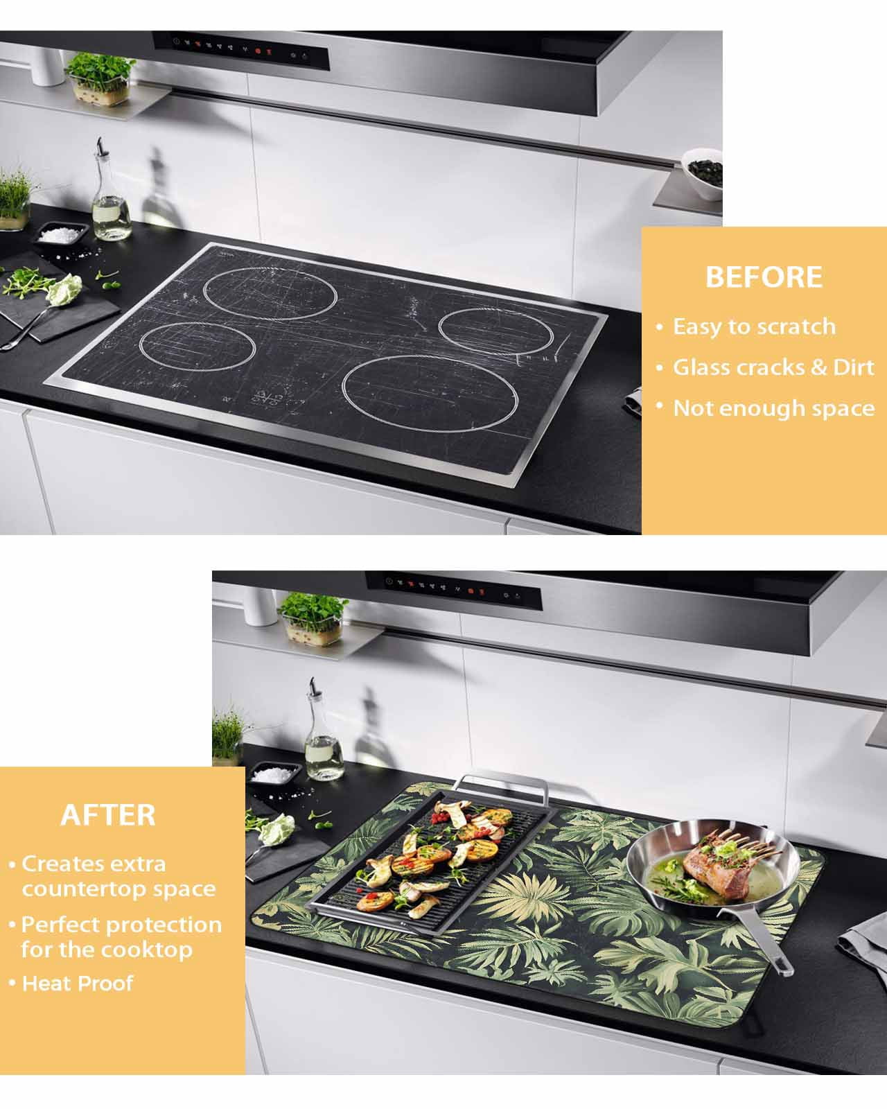 nqOlkjepod Large Induction Cooktop Protector Mat 24"x21", Palm Tree Leaves Stove Top Covers for Electric Stove, Summer Tropical Green Botanical Stove Burner Cover Mats, Glass Top Stove Cover