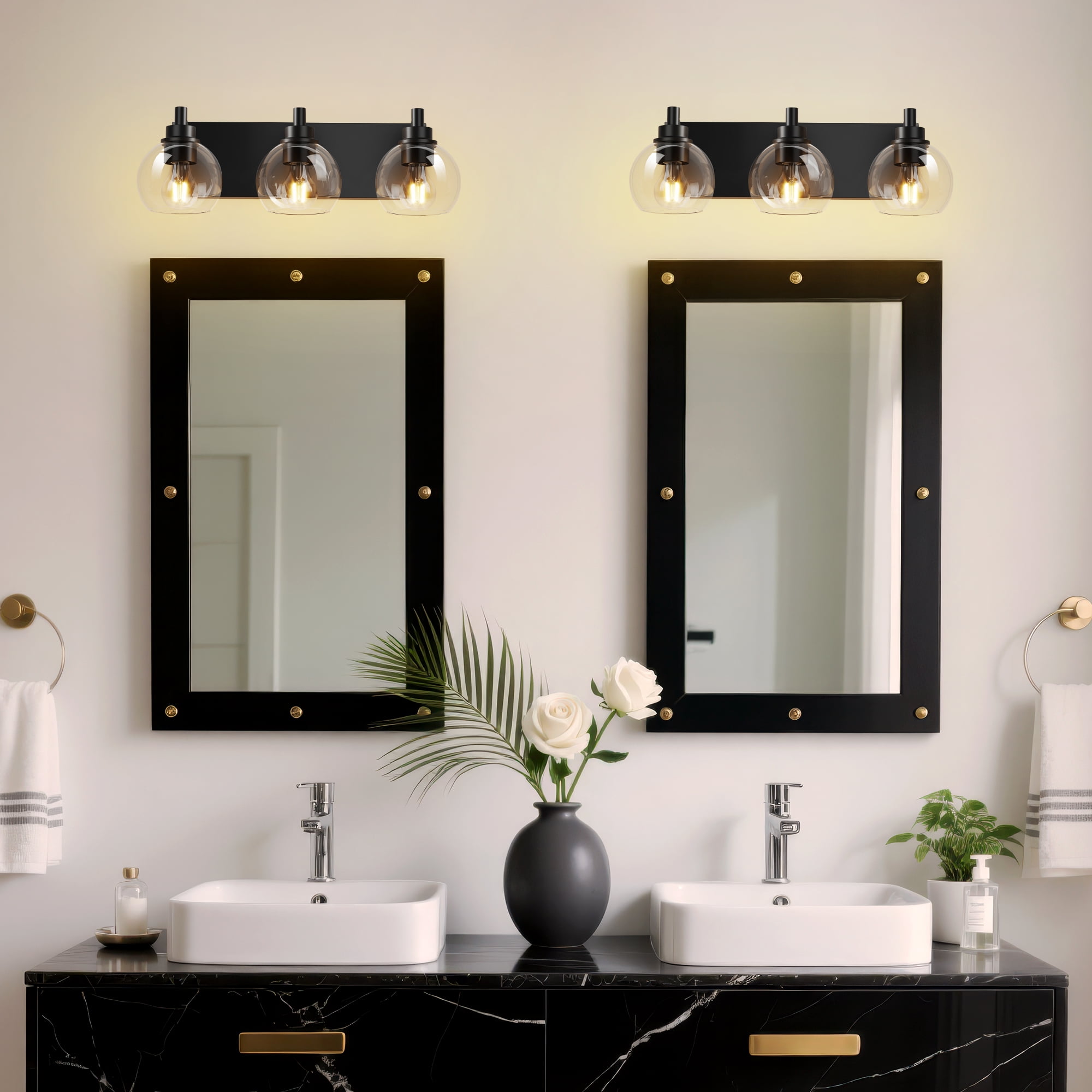 GCGAFUL 19 in. 3-Light Matte Black Modern Dimmable Bathroom Vanity Light with Clear Glass Globe Shade