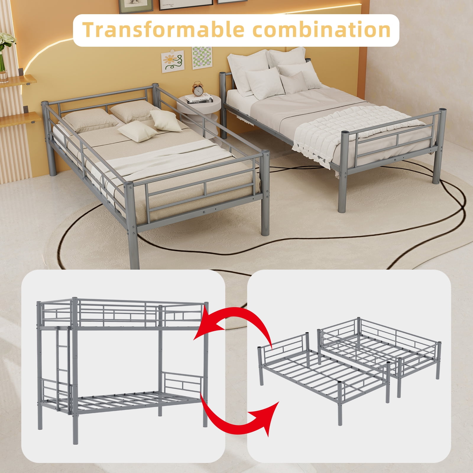 Twin Over Twin Metal Bunk Bed for Kids, Rust-Resistant Powder-Coated Steel Frame with Full-Length Safety Guardrail & Wide Step Ladder, Converts to Two Beds, Silver