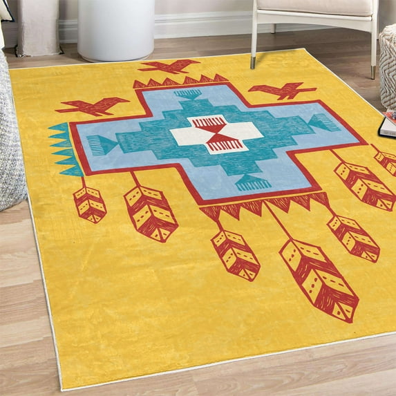 Tribal Decorative Rug, Hand Drawn Dreamcathcher Folkloric Birds Image Ethnic Ikat Design, Quality Carpet for Bedroom Dorm and Living Room, 6 Sizes, Mustard Red, by Ambesonne