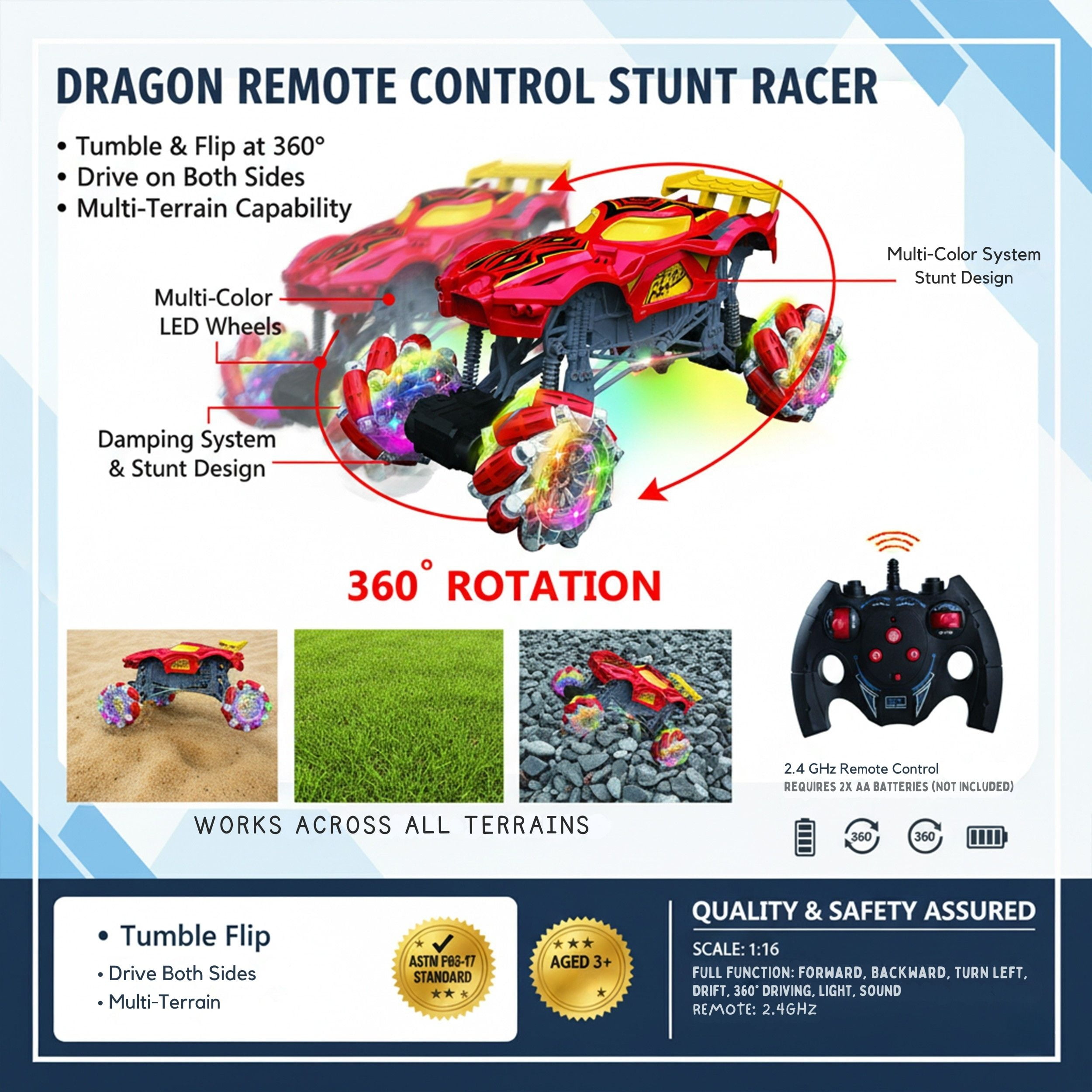 Remote Control Monster Truck 1:16 Scale – 2.4 GHz Stunt & Drift RC Car with Light-Up Headlights, 360° Rotating Crawler for Kids