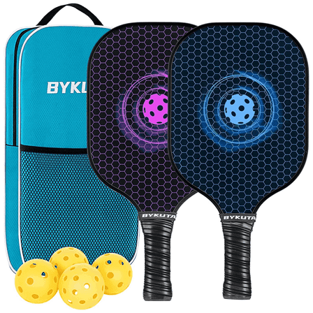 BYKUTA Pickleball Paddles Set of 2 with 4 Balls & Carry Case - Lightweight 7.9oz Fiberglass Composite PP Honeycomb Core, Anti-Slip Comfort Grip (Pickle Ball Paddle & Pickleball Racket)