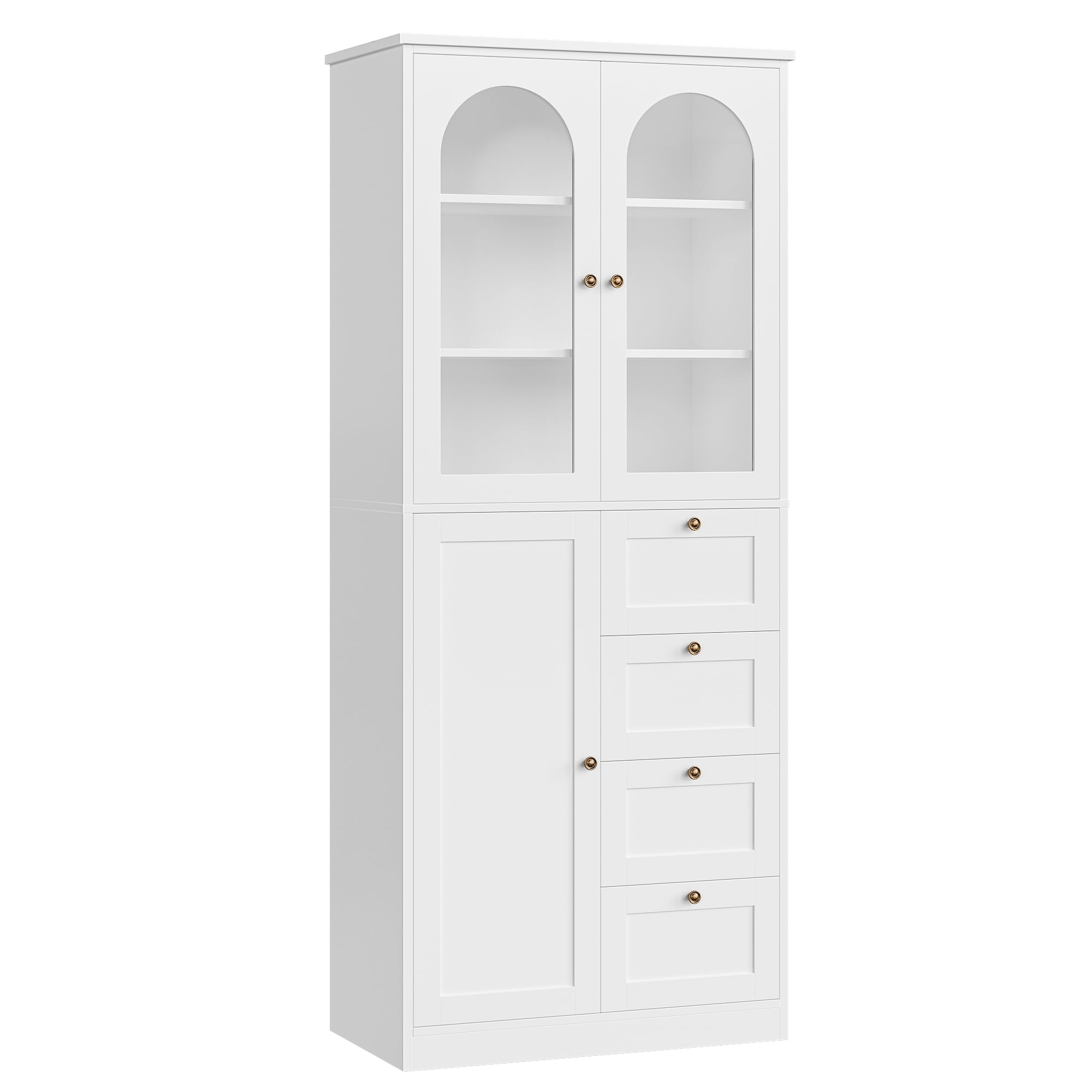 Homfa 71'' Kitchen Pantry with 4 Drawers & Adjustable Shelves, Wood White Storage Cabinet with Glass Doors for Dining Room
