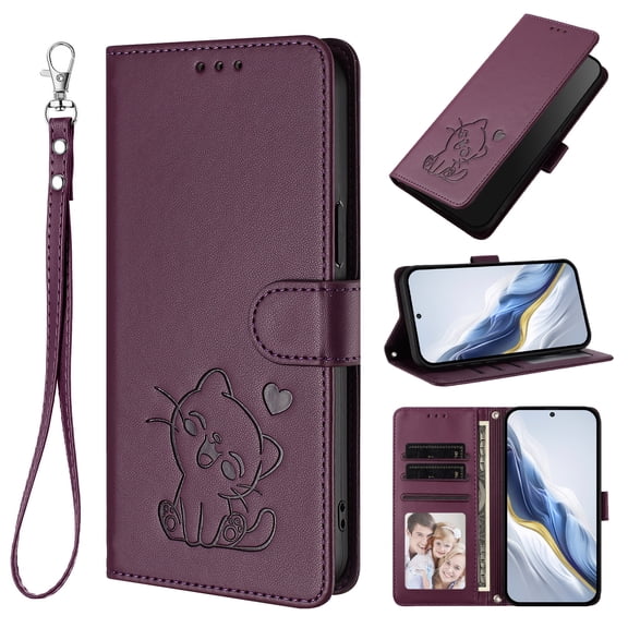 Allytechgroup for Samsung Galaxy S22 Ultra Wallet Case, Cute Cat Embossed Flip Cover with Cards Slots Cash Pocket Magnetic Closure Lanyard Phone Case for Samsung Galaxy S22 Ultra, Darkpurple