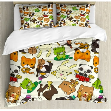 Nursery Queen Size Duvet Cover Set, Cartoon Style Animal Music Band Penguin on Cello Cat on Guitar Panda on Drums Print, Decorative 3 Piece Bedding Set with 2 Pillow Shams, Multicolor, by Ambesonne