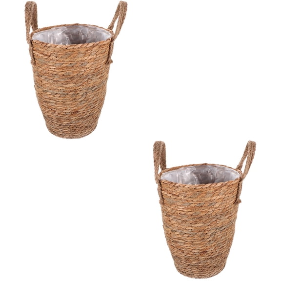 Hemoton 2-Pack Handwoven Straw Planter Baskets with Removable Liners, Rustic Woven Plant Pots for Indoor Outdoor Home Decoration