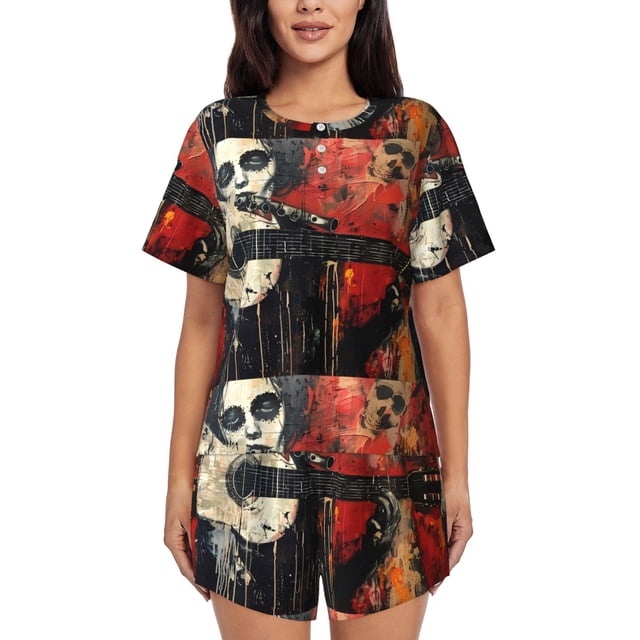 Balery Abstract Skull Guitar Art Conjunto de Pijama para Mujer con Estampado, Dos Piezas de Manga Corta y Shorts, Ropa de Dormir Suave con Cuello Redondo y Bolsillos-XX-Large