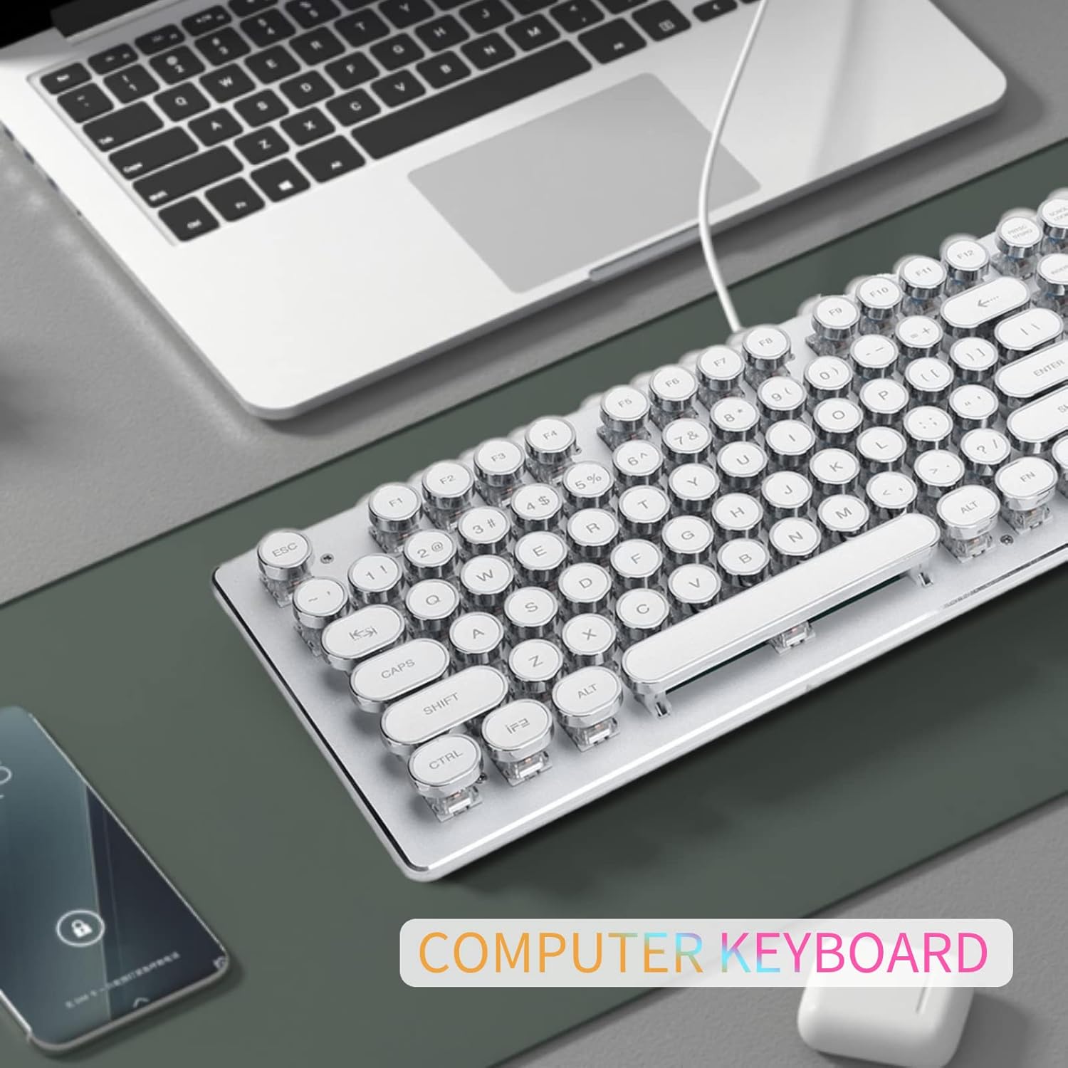 Mechanical Gaming Keyboard, Retro Steampunk Typewriter Keyboard, 104 Keys USB Wired Mixed Light Backlit with Round Keycaps(White)