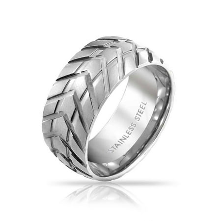 Mens Mechanic Car Racer Tire Tread Band Ring For Men For Bikers Matte Brushed Silver Tone Stainless Steel