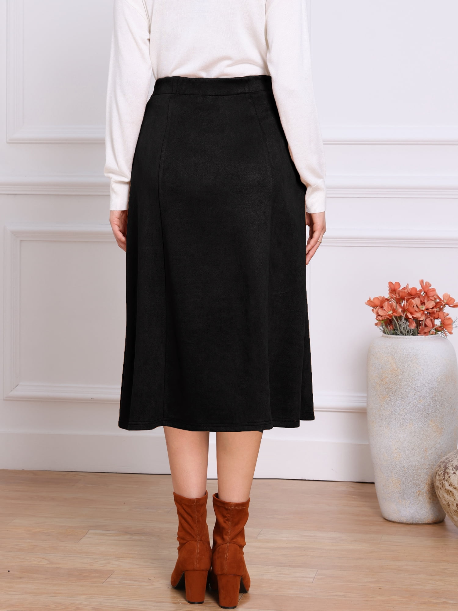 DARING DIVA Women's Casual A Line Faux Suede Midi Skirts L Black