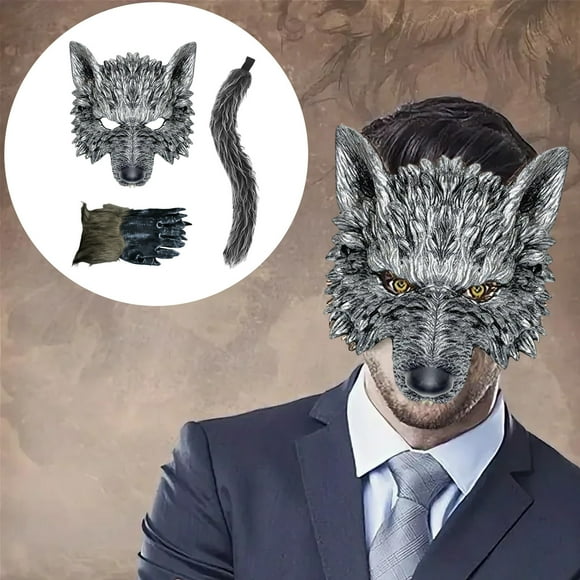 Disfraz de hombre lobo con orejas, diadema, guantes, cola y máscara de lobo para hombres, mujeres, niños y niñas. Kit de accesorios para Halloween.