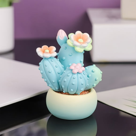 Mini Resin Cactus Figurines Miniature Blue Cactus Potted Plants with Colorful Flowers Car Dashboard Decorations Artificial Cacti Plants Statue with Gradient Color Flower Pot Landscapes Bonsai Home