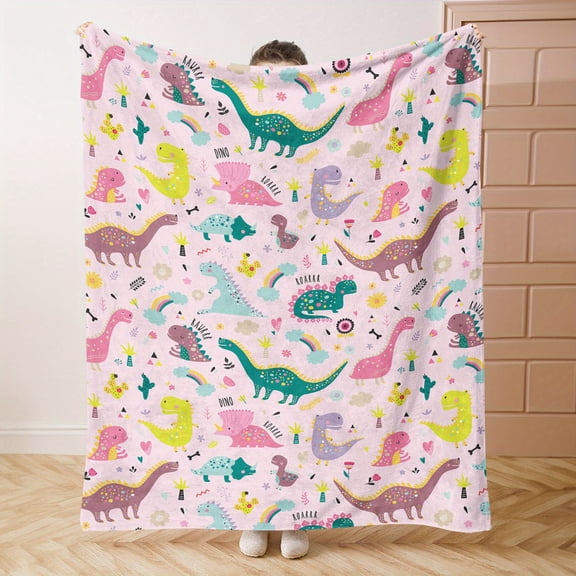Cozy Dinosaur Cartoon Flannel Throw Blanket - Soft, Warm & Versatile for Bed, Sofa, Office, and Camping