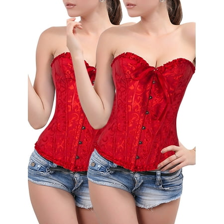 

DODOING 2 Packs Women s Satin Lace up Overbust Corset Tummy Control Slimmer Body Shaper for Women Hooks Steel Boned Top + G-string S-6XL