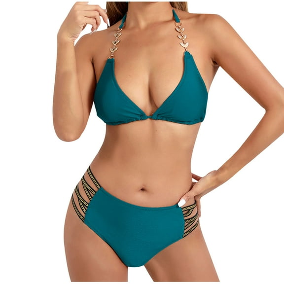 Bigersell Bathing Suit for Women 2 Piece Bikini Sets Halter Swimsuits Tie Back Cut Out Bikini Bottom Vacation Two Piece Swimsuits Swimwear Blue L