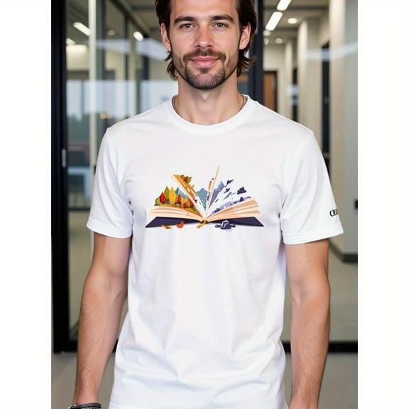 natee Adventure Awaits: Open Book Landscape Graphic Tee, Men's T-Shirt,100% Cotton Fabric,Crew Neck,Short Sleeve,Regular Fit,All-Season Casual Wear,180gsm-Ideal for Valenti