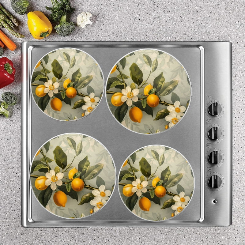 BaHomeck Electric Stove Burner Covers Set of 4,Round Metal Gas Stove Burner Covers 8 Inch and 10 Inch,Kitchen Decor,Vintage Lemon TreeWith Lemons And Flowers
