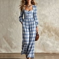 thumbnail image 2 of Womens Plaid Pleated Wide Leg Jumpsuit Long Sleeve Square Neck Fall Overalls Casual High Waisted Flowy Boho Chic One Piece Romper with Side Pockets, Light Blue, L, 2 of 6