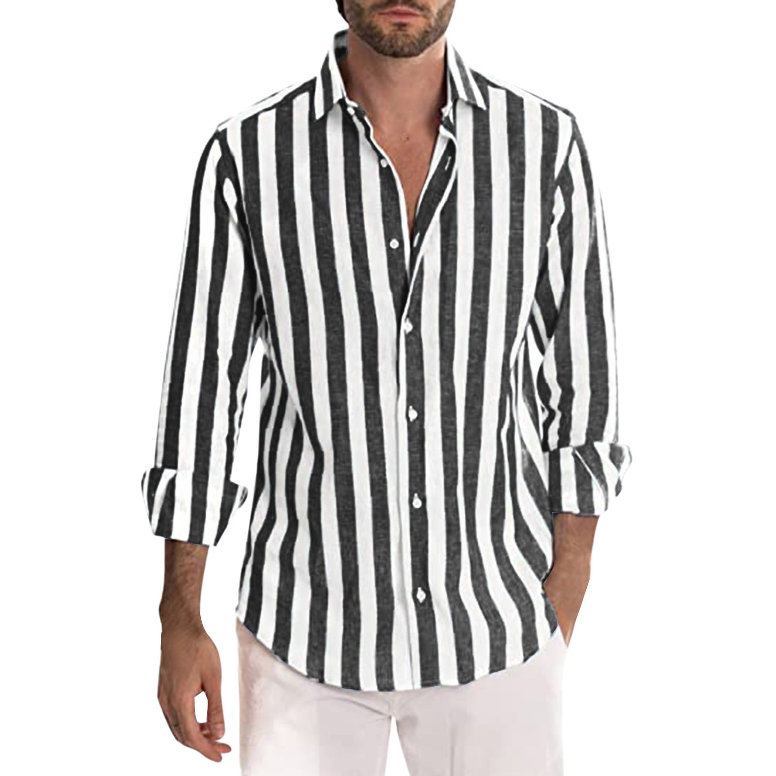 Mens Fashion Casual Striped Linen Buckle Lapel Long Sleeve Shirt Top Pocket  T Shirt Pack Casual Fashion