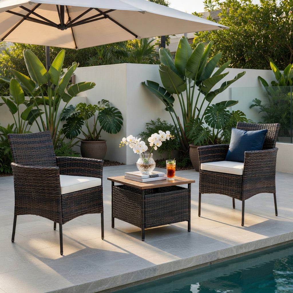 Hommoo 2-Pack Outdoor PE Rattan Armchairs with Removable Off-White Cushions, Weatherproof Steel Frame, Ergonomic Design for Patio, Backyard & Poolside, Brown