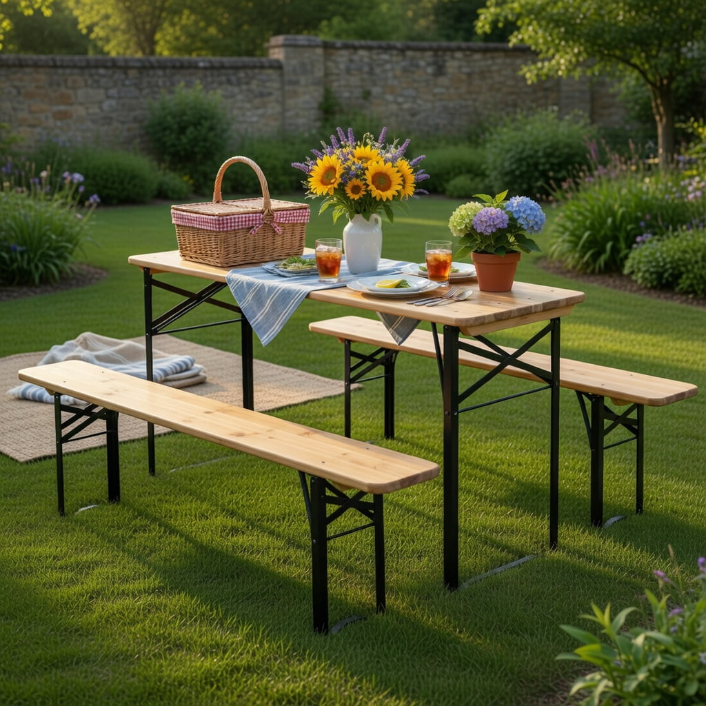 Hommoo 3-Piece Folding Wooden Picnic Table & Bench Set, Rustic Fir Wood Top with Iron Frame, Indoor/Outdoor Use, Natural