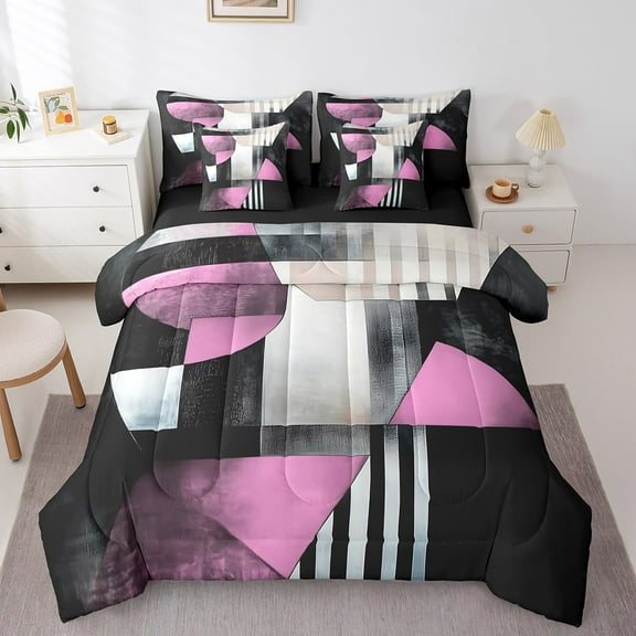 Erosebridal Geometry Stripes Bedding Sets Twin Size,Black Pink Comforter Sets with Sheets,Geometric Lines Bed in a Bag Twin size,Super Cozy Abstract Bedroom Decorative,Reversible,7pcs