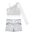 thumbnail image 4 of YONGHS Girls Jazz Hip Hop Dance Outfits Sequins One Shoulder Crop Top with Shorts Set Silver 8, 4 of 7