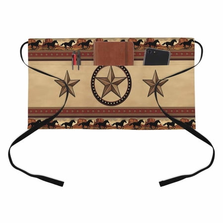 Vintage Cowboy Stripe Kitchen Restaurant Half Waist Apron, Western Rustic Star Horse Brown Server Short Apron with 3 Pockets Waterproof Oil Waist Aprons for Women Waitress Waiter
