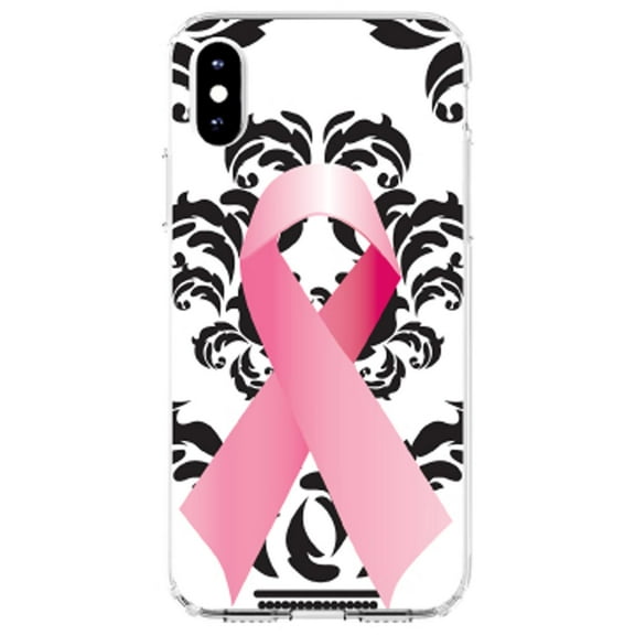 DistinctInk Clear Shockproof Hybrid Case for iPhone XR (6.1" Screen) - TPU Bumper, Acrylic Back, Tempered Glass Screen Protector - Black Damask Pink Ribbon - Breast Cancer Awareness