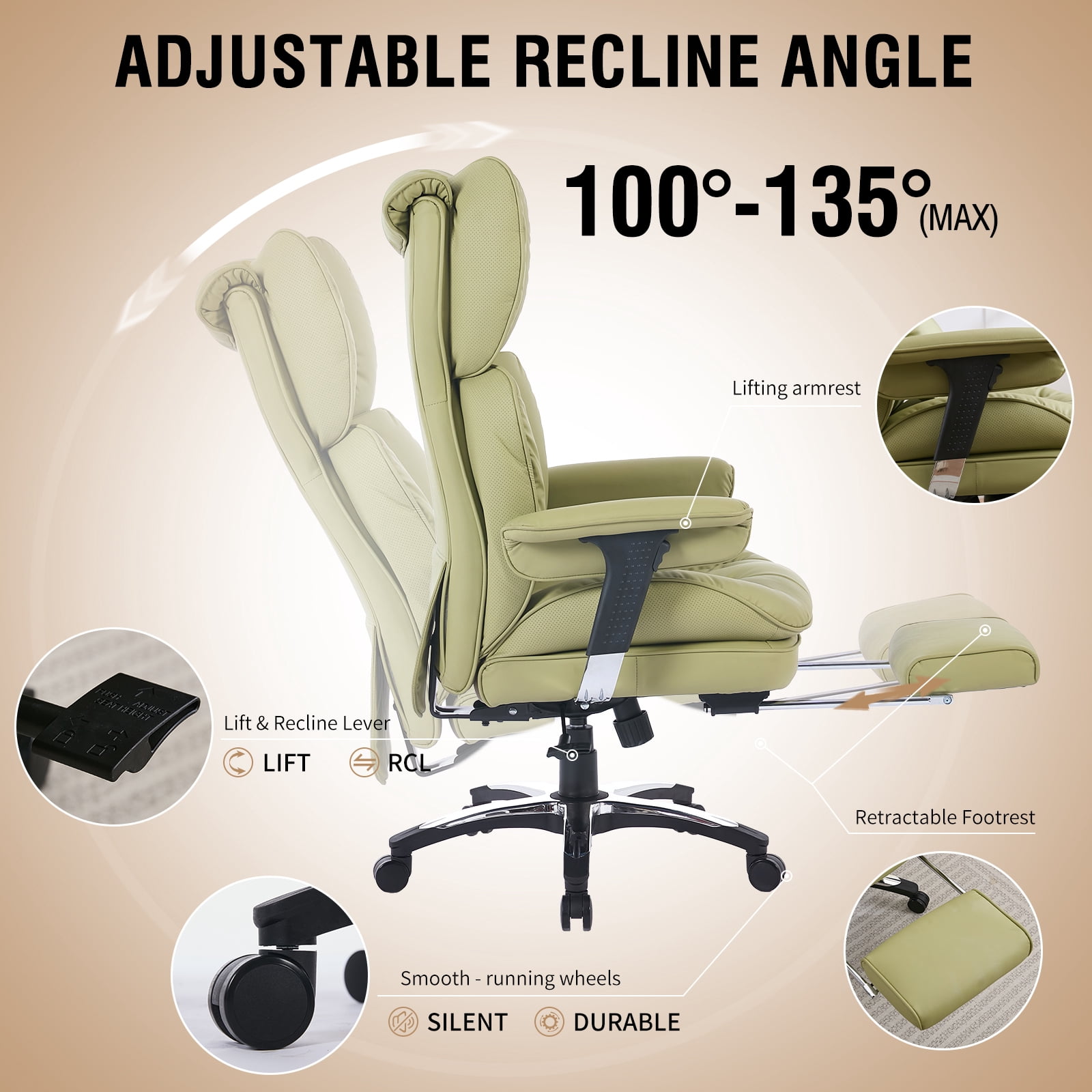 ATMILD 400lbs Big and Tall Ergonomic Office Chair Comfortable PU Leather Executive Desk Chair with Footrest and Lumbar Support (Green)