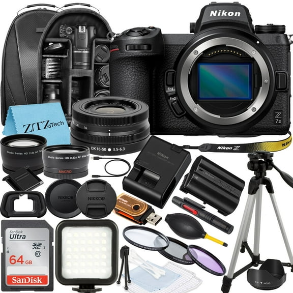 Nikon Z7 II Mirrorless Camera with NIKKOR Z DX 16-50mm VR Zoom Lens, SanDisk 64GB Memory Card, Backpack, Flash, Tripod and ZeeTech Accessory Bundle