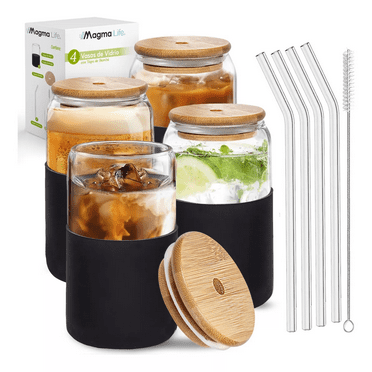 Set De 4 Vasos Vidrio Con Popote Tapa Bambú Y Funda Silicón color negro