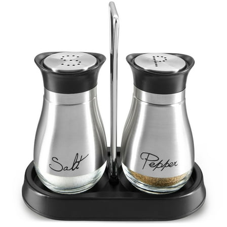 Juvale Stainless Steel Salt and Pepper Shakers Set with Holder, Refillable, Clear Glass Bottoms, Screw-Off Perforated "S" and "P" Caps for Kitchen Table Decor (4oz)