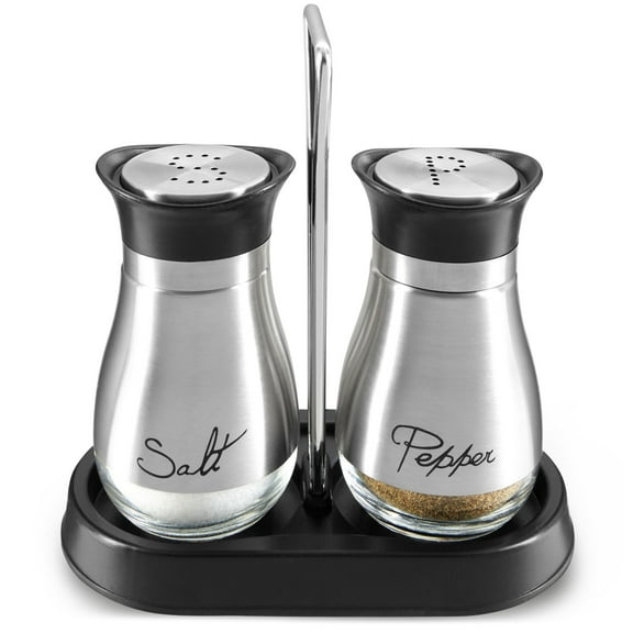Juvale Stainless Steel Salt and Pepper Shakers Set with Holder, Refillable, Clear Glass Bottoms, Screw-Off Perforated "S" and "P" Caps for Kitchen Table Decor (4oz)