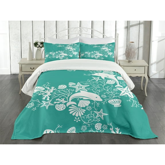 Ambesonne Fish Quilted Bedspread Set 3 Pcs, Dolphins and Flowers, Queen Size, Sea Green White