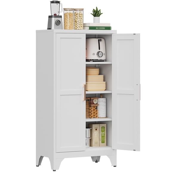 46" Tall Kitchen Storage Cabinet, Metal Pantry Cabinet with 3 Adjustable Shelves, 4-Tier Freestanding Cabinet with Magnetic Doors, Anti-Tip Design, White